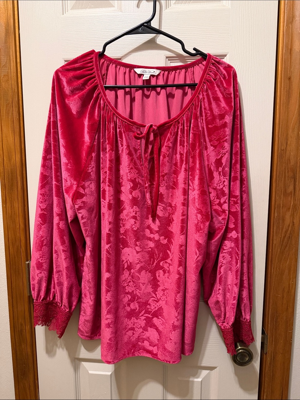 Vintage-Inspired Pioneer Woman Pink Velvet Peasant Top with Tie Neck